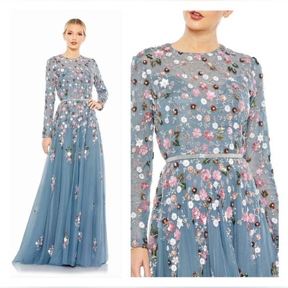 Mac Duggal 5721 NWT Embellished High Neck Long Sleeve A Line Gown - Picture 1 of 9